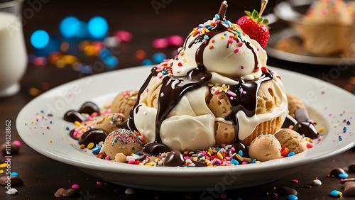 ice cream with chA gourmet ice cream sundae with chocolate sauce and sprinkles.ocolate photo