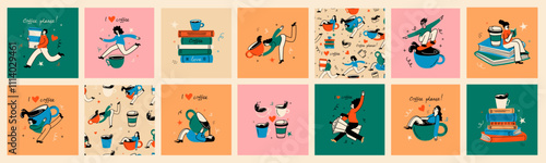 Coffee people collection, vector illustration in flat cartoon style. Characters drinking and holding coffee cups, cozy mugs, to-go cups, warm drinks in trendy retro style,