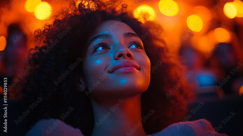 Young woman enjoying an immersive cinematic experience at a vibrant theater filled with warm lights. Generative AI Young woman enjoying an immersive cinematic experience at a vibrant theater filled with warm lights. Generative AI
