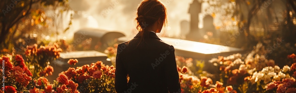 Solemn Woman Mourning Beside Casket with White Roses Solemn Woman Mourning Beside Casket with White Roses