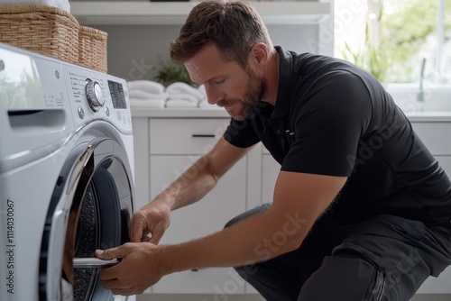 A skilled man works on a washing machine in a bright kitchen, illustrating the blend of practicality and attention to detail required to keep household equipment functional.