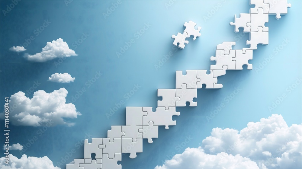 a picture of white stairs made of puzzle details on blue background, the stairs leading up to the sky, imagination concept a picture of white stairs made of puzzle details on blue background, the stairs leading up to the sky, imagination concept