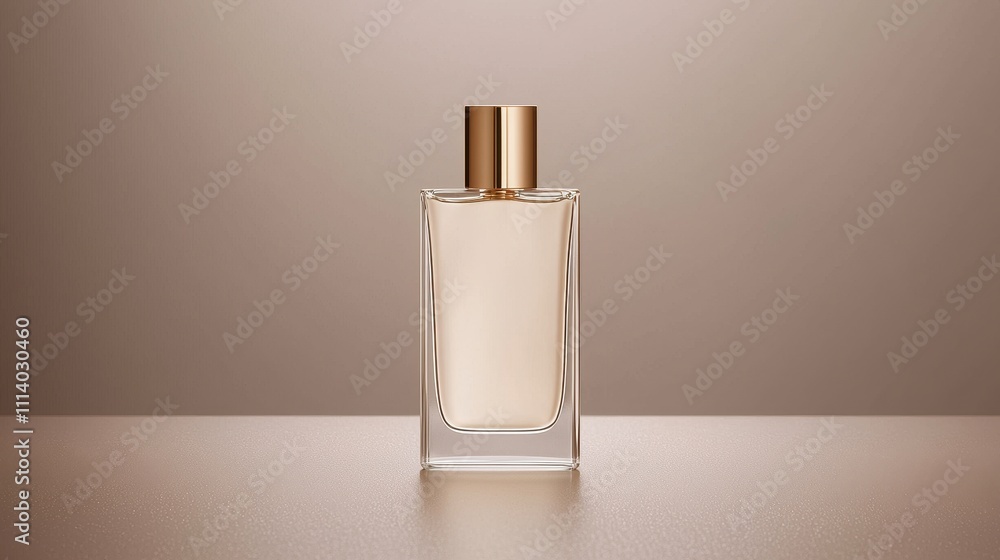 Elegant Glass Perfume Bottle with Gold Cap on a Smooth Background, Capturing the Essence of Luxury and Sophistication in Fragrance Presentation Elegant Glass Perfume Bottle with Gold Cap on a Smooth Background, Capturing the Essence of Luxury and Sophistication in Fragrance Presentation