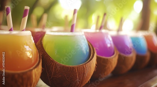 Colorful tropical drinks served in coconuts with eco-friendly straws photo