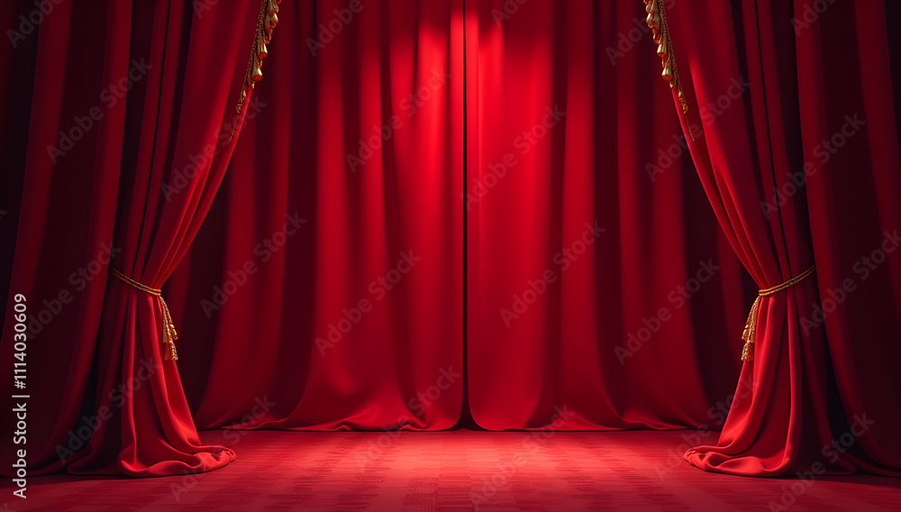 Fototapeta premium Dramatically Lit Lustrous Red Velvet Theatre Curtains and Wooden Stage Floor