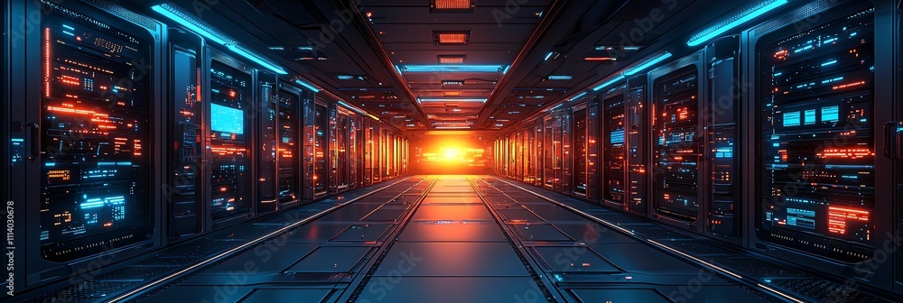 Data center with illuminated servers and cables in a modern digital environment Data center with illuminated servers and cables in a modern digital environment