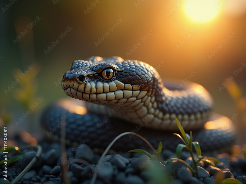Fototapeta premium Snake resting on rocks at sunset, wildlife photography