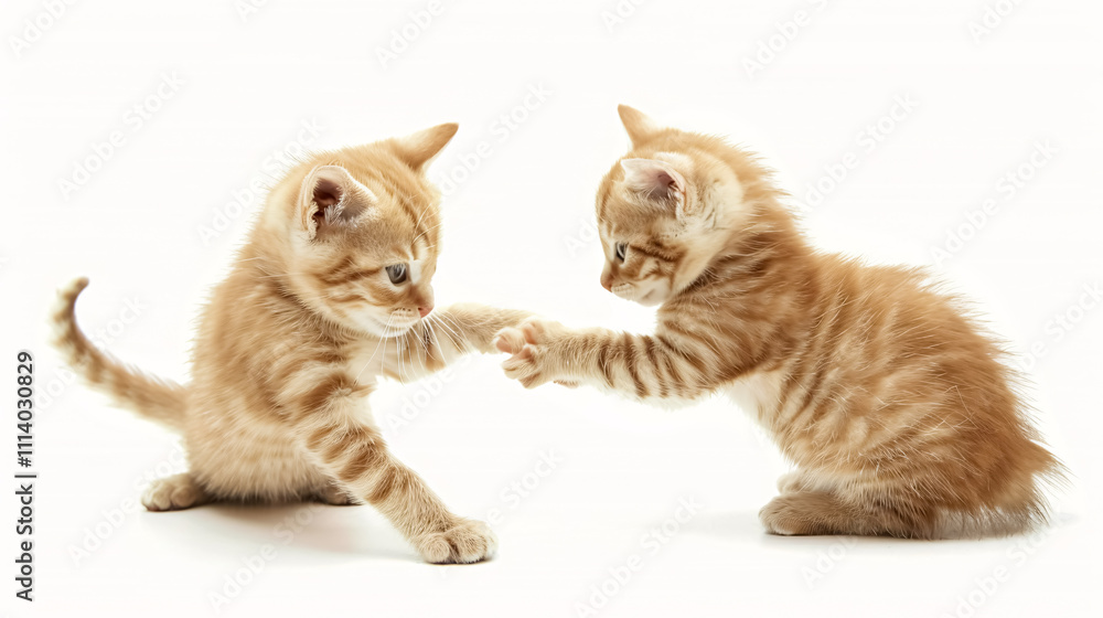 Two Cute Yellow Tabby Shorthair Kittens: Playing and fighting, isolated on a white background. Two Cute Yellow Tabby Shorthair Kittens: Playing and fighting, isolated on a white background.