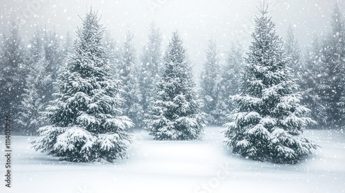 Snow covered pine trees in a winter forest scene