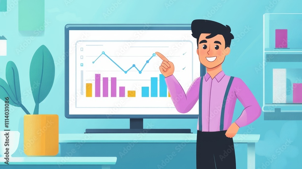 A cheerful man presents data on a screen, showcasing graphs and charts in a modern office setting. A cheerful man presents data on a screen, showcasing graphs and charts in a modern office setting.