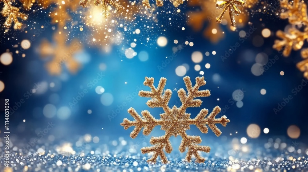 Elegant Golden Snowflakes on Blue Background with Glittering Particles and Delicate Light Effects, Perfect for Joyful New Year's Day Celebration, Silver-Grey and Gold Color Scheme, Festive Atmosphere Elegant Golden Snowflakes on Blue Background with Glittering Particles and Delicate Light Effects, Perfect for Joyful New Year's Day Celebration, Silver-Grey and Gold Color Scheme, Festive Atmosphere