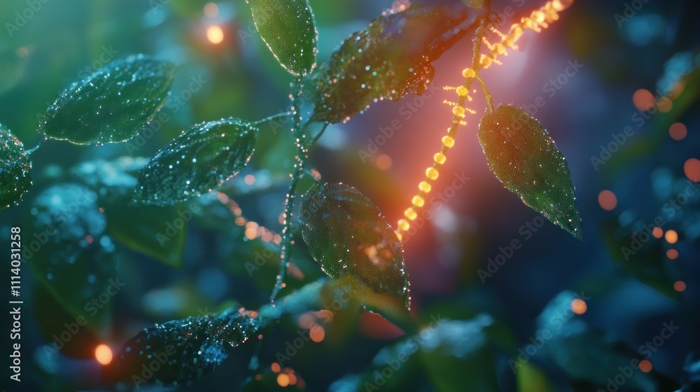 Close-up of dewy leaves with glowing lights Close-up of dewy leaves with glowing lights