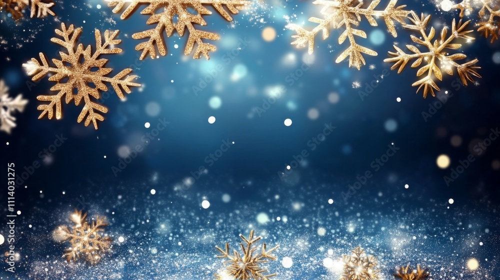 Elegant Golden Snowflakes on Blue Background with Glittering Particles and Delicate Light Effects, Perfect for Joyful New Year's Day Celebration, Silver-Grey and Gold Color Scheme, Festive Atmosphere Elegant Golden Snowflakes on Blue Background with Glittering Particles and Delicate Light Effects, Perfect for Joyful New Year's Day Celebration, Silver-Grey and Gold Color Scheme, Festive Atmosphere
