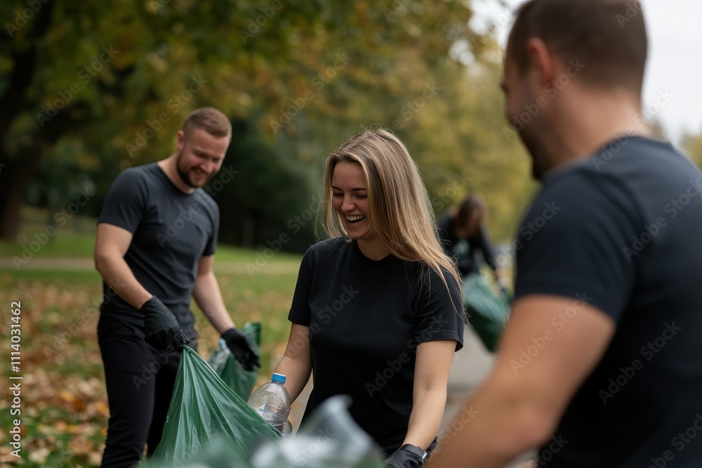 A group of young volunteers is happily cleaning up a park in the fall, emphasizing teamwork and community spirit in a pleasant outdoor setting filled with autumn leaves. A group of young volunteers is happily cleaning up a park in the fall, emphasizing teamwork and community spirit in a pleasant outdoor setting filled with autumn leaves.