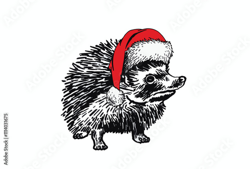 Graphical hedgehog  in red Santa hat isolated on white background,vector illustration, forest animal	