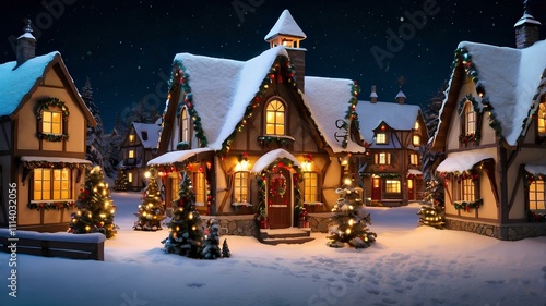 Enchanting Christmas village under the night sky, with charming homes and trees beautifully lit for the holiday season.