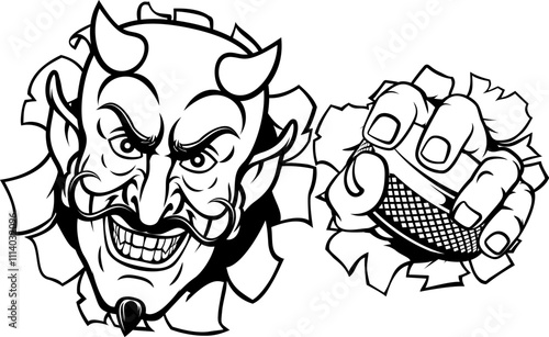 A devil or satan ice hockey sports mascot cartoon character holding a puck