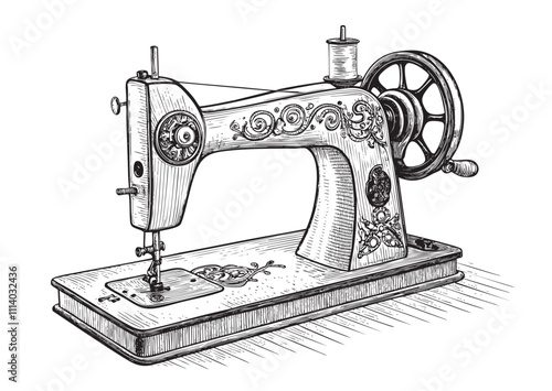 vintage sewing machine engraving vector illustration