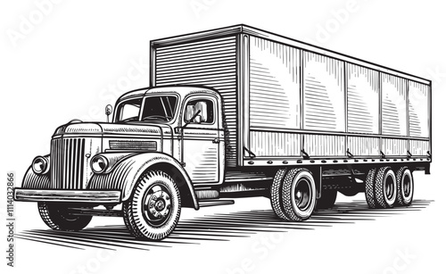 vintage container trailer cargo truck transportation engraving vector illustration
