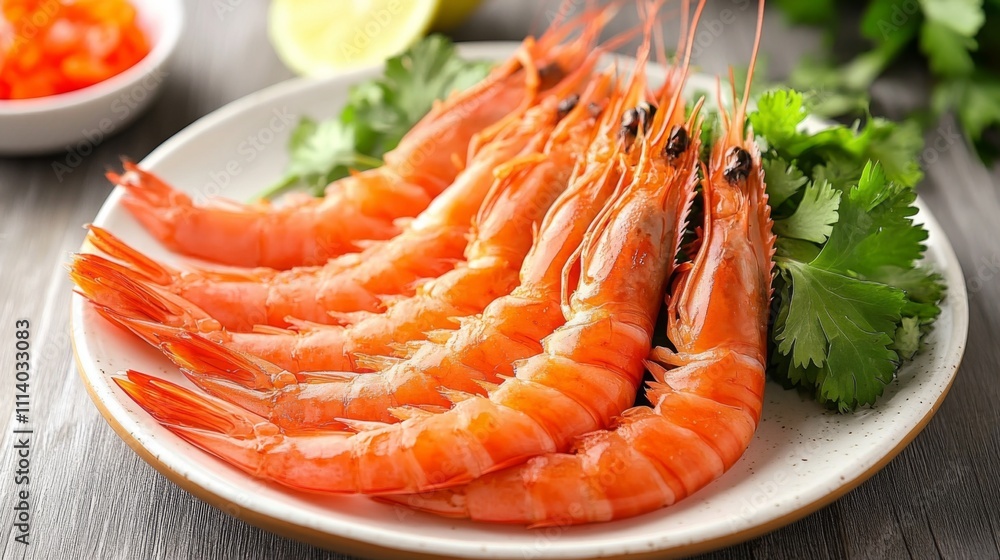 Fresh Shrimp Served on Plate with Cilantro and Lemon Garnish Fresh Shrimp Served on Plate with Cilantro and Lemon Garnish