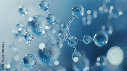 Close-Up View of Water Molecules with Bubbles in Blue Background