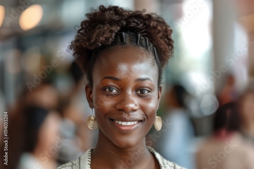 Portrait of a happy student woman smiling with people in background at a conference or business meeting