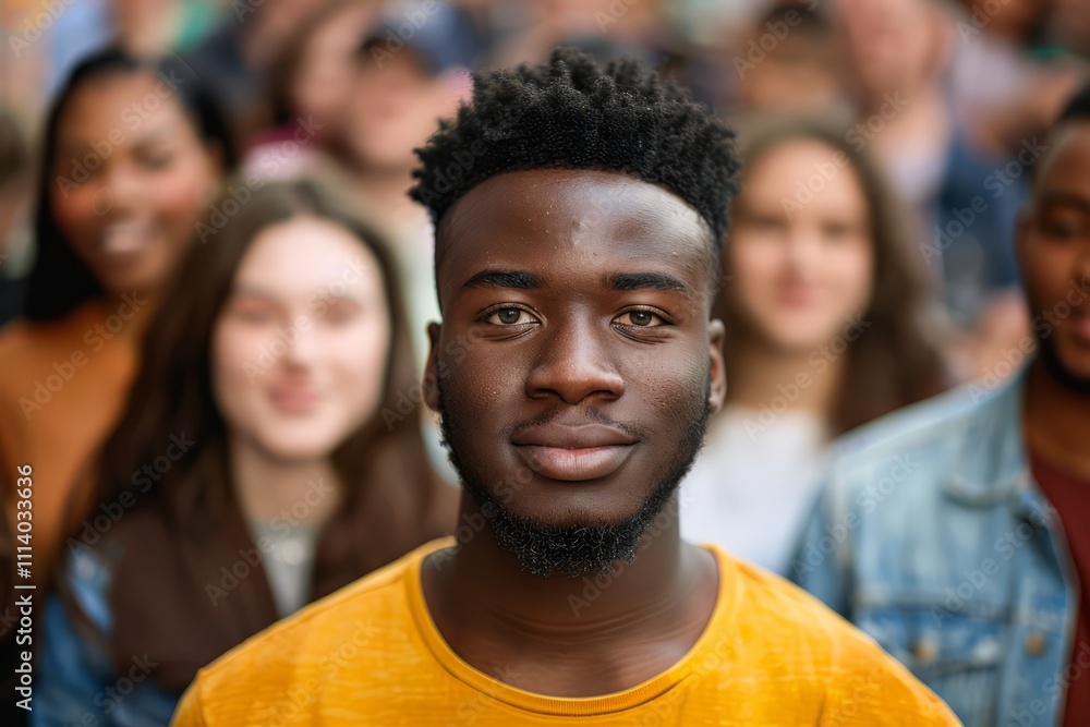 Portrait of a happy student man smiling with people in background at a conference or business meeting