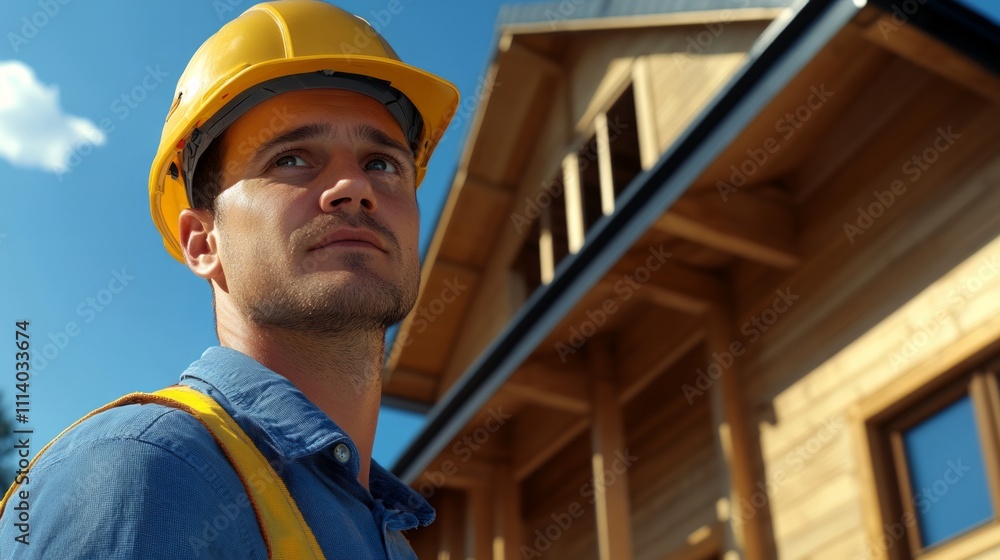 male construction worker with beautiful eyes and with yellow construction helmet and with blue overall and a wooden house, blue sky. male construction worker with beautiful eyes and with yellow construction helmet and with blue overall and a wooden house, blue sky.
