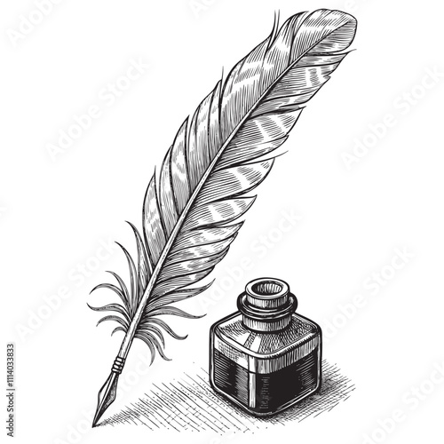 feather pen ink engraving vector illustration