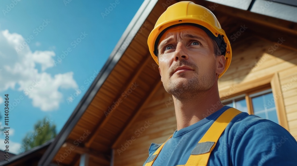 male construction worker with beautiful eyes and with yellow construction helmet and with blue overall and a wooden house, blue sky. male construction worker with beautiful eyes and with yellow construction helmet and with blue overall and a wooden house, blue sky.