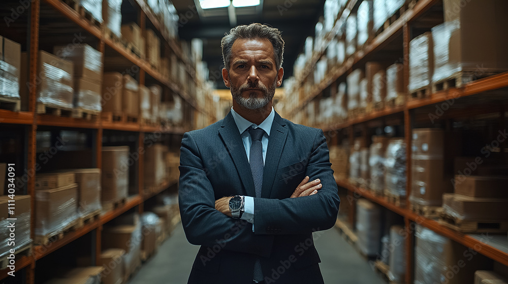 Confident warehouse manager overseeing operations in a storage facility filled with boxes during working hours. Generative AI Confident warehouse manager overseeing operations in a storage facility filled with boxes during working hours. Generative AI