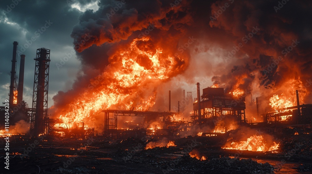Flames engulf industrial factory as smoke billows into the sky during a fiery disaster Flames engulf industrial factory as smoke billows into the sky during a fiery disaster