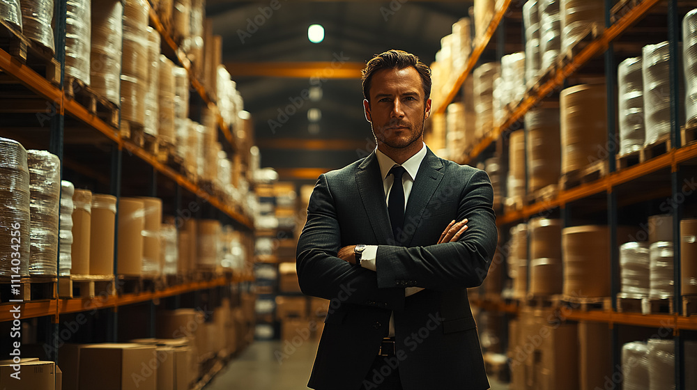 Confident man standing in a warehouse with stacks of boxes during the evening hours. Generative AI Confident man standing in a warehouse with stacks of boxes during the evening hours. Generative AI