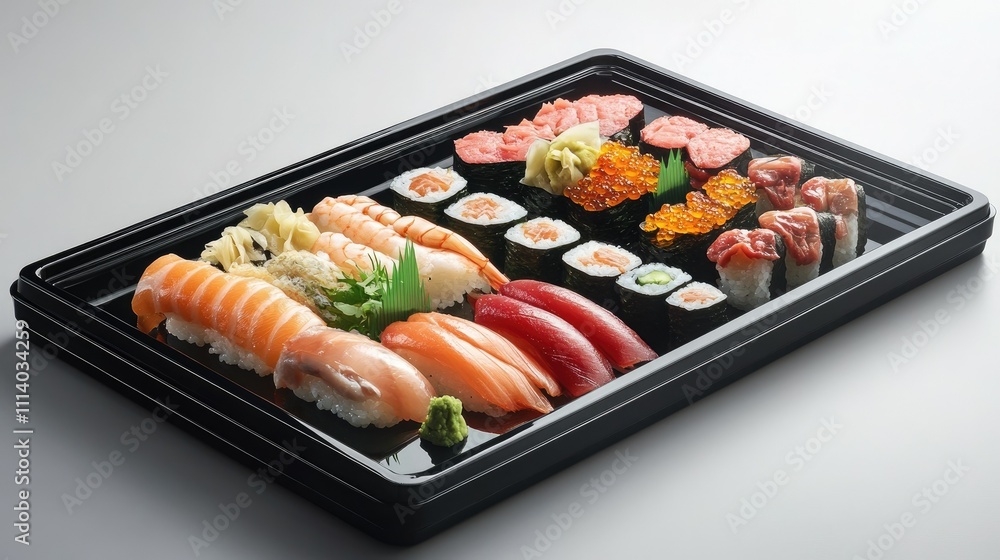 Delicious Sushi Set Presented on Black Platter Delicious Sushi Set Presented on Black Platter