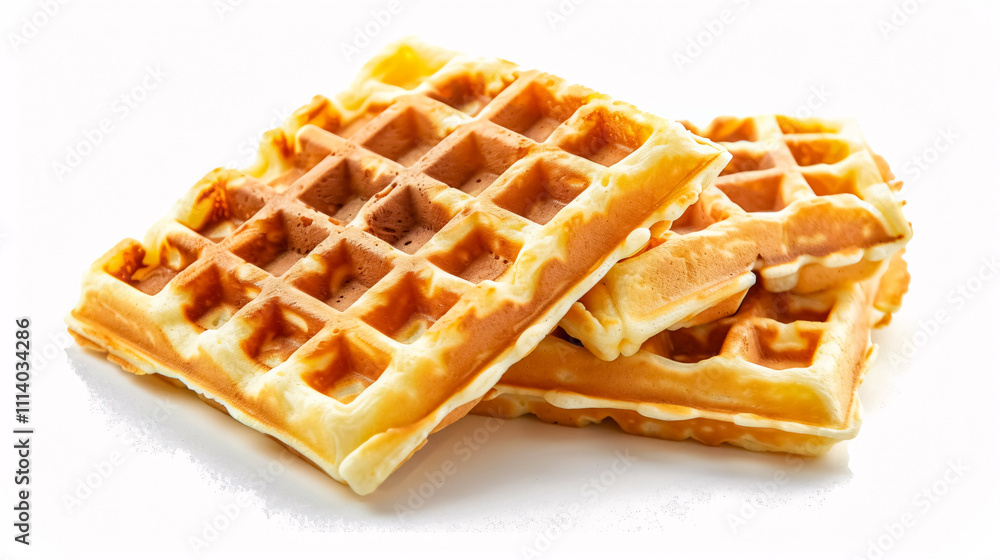 Waffles: Golden-brown waffles with a crisp texture, possibly served with toppings like syrup and fruit on a white background. Waffles: Golden-brown waffles with a crisp texture, possibly served with toppings like syrup and fruit on a white background.
