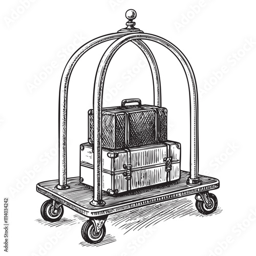 hotel luggage cart engraving vector illustration