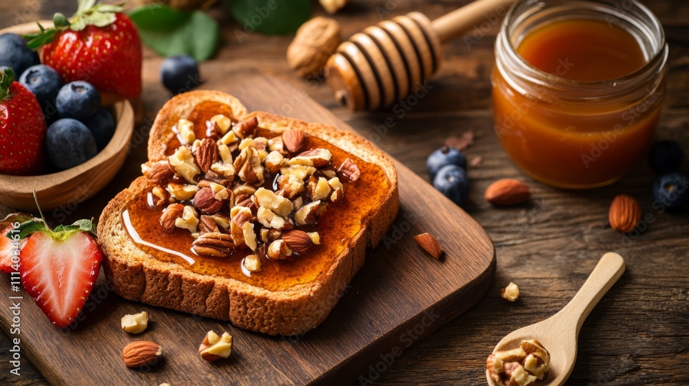 Fototapeta premium Delicious Toast Topped with Nuts, Honey, Berries on a Wooden Table