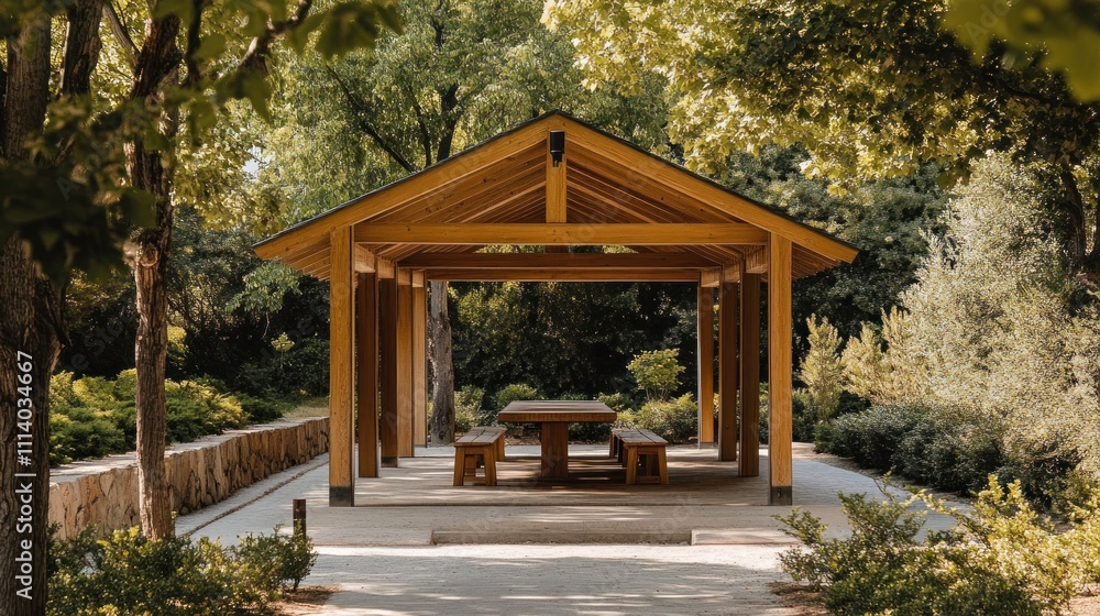 Wooden Pavilion Picnic Area Surrounded By Lush Greenery Wooden Pavilion Picnic Area Surrounded By Lush Greenery