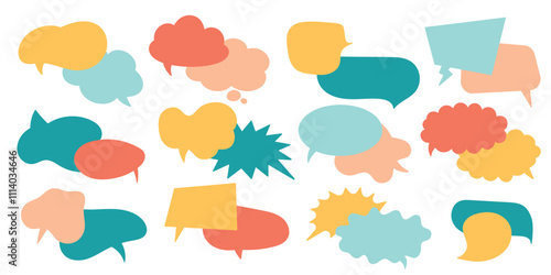 Colorful flat speech bubble set. Empty Blank Balloon. Hand drawn talk bubble. Doodle child conversation dialog, cartoon chatting box, message box. Vector illustration. Isolated on a white background