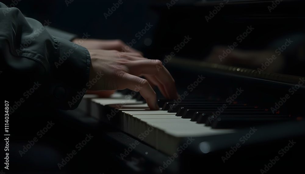 Fototapeta premium Hands playing piano keys in a dark, moody setting