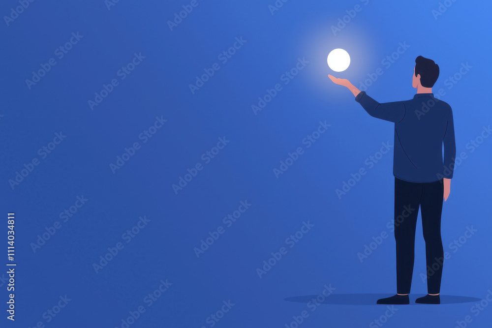 Personal Goal Setting and Mind Visualization. A man stands against a blue background, holding a glowing orb, symbolizing hope, knowledge, or aspiration. Personal Goal Setting and Mind Visualization. A man stands against a blue background, holding a glowing orb, symbolizing hope, knowledge, or aspiration.