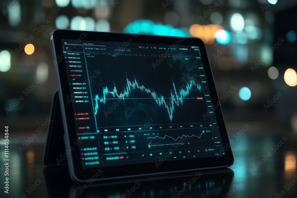 Modern digital tablet computer with stock market application on a screen, Modern financial stock market graph with only candlestick chart and numbers on it's screen Modern digital tablet computer with stock market application on a screen, Modern financial stock market graph with only candlestick chart and numbers on it's screen