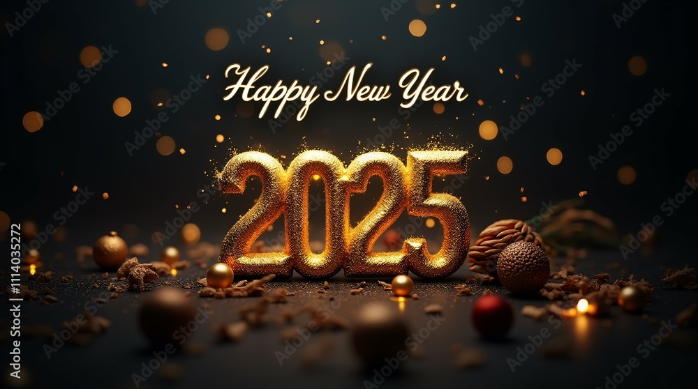New Year 2025 with Golden Christmas Decorations. New Year 2025 with Golden Christmas Decorations.