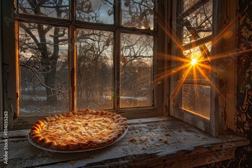 Delightful homemade pie cooling on a rustic windowsill  a perfect blend of artistry and comfort photo