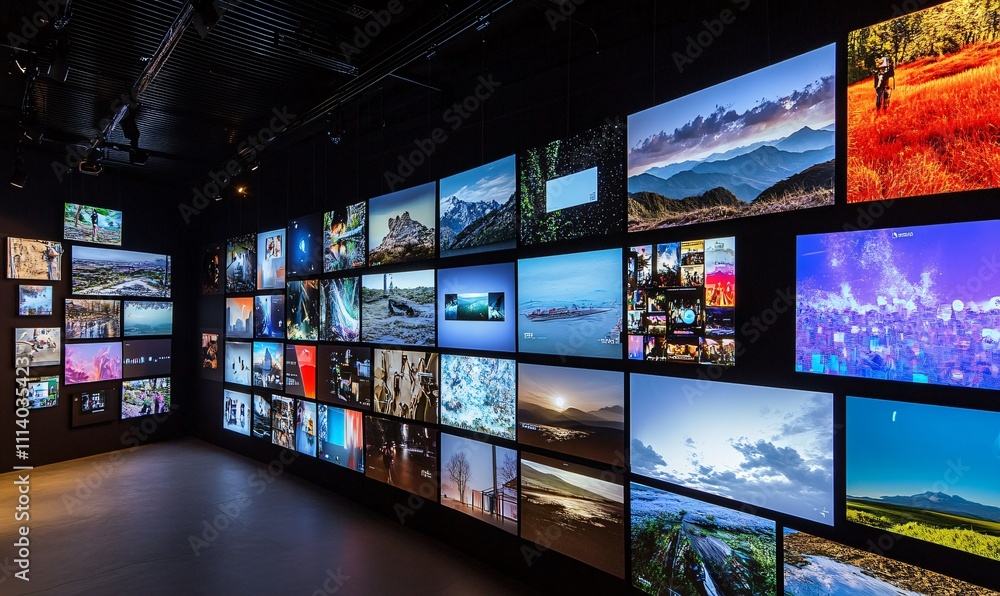 Streaming and social media concept with multiple digital screens displaying short and long videos. Immersive multimedia and visual content space. Streaming and social media concept with multiple digital screens displaying short and long videos. Immersive multimedia and visual content space.