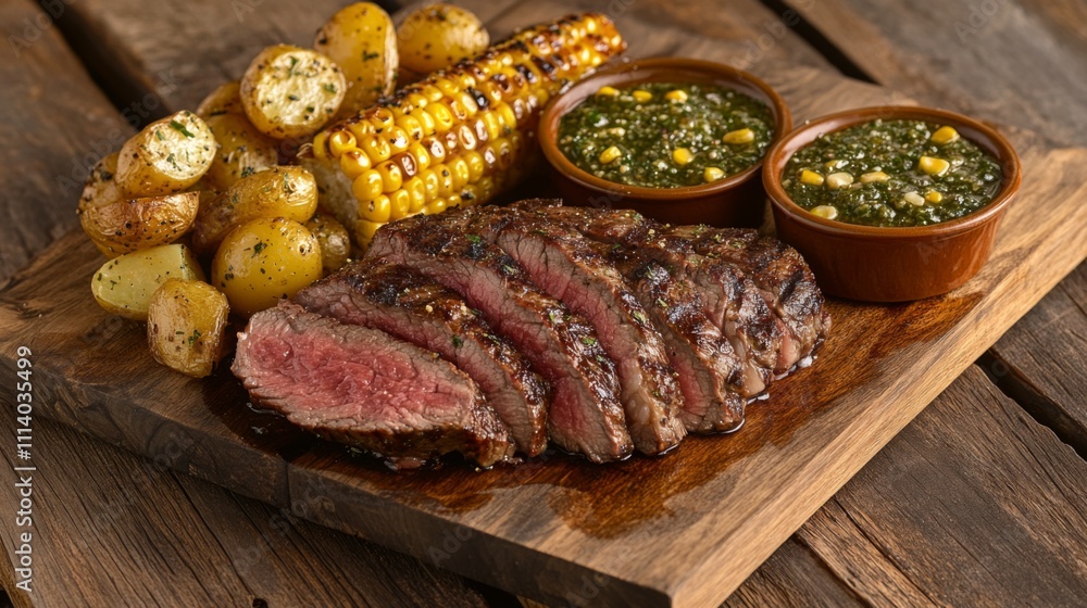 Grilled Steak with Rustic Potatoes and Corn on Wooden Platter Grilled Steak with Rustic Potatoes and Corn on Wooden Platter