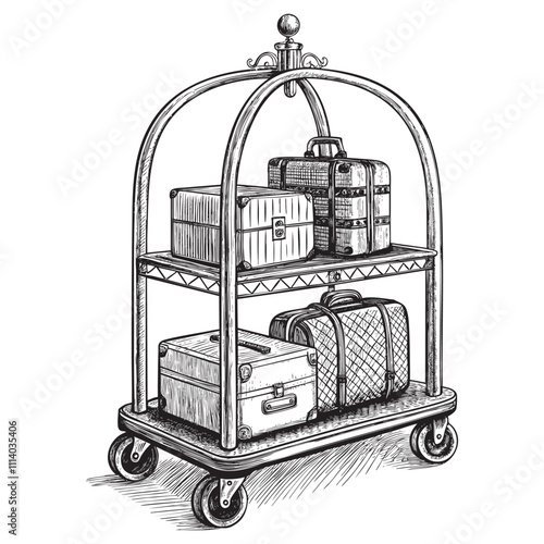 hotel luggage cart engraving vector illustration