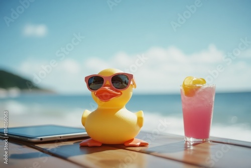 rubber duck wearing sunglasses on table at beach, on the table