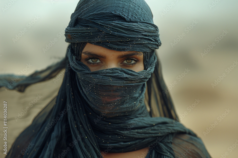 Generative AI Portrait of Arabian Woman in Traditional Veil in Desert Setting Generative AI Portrait of Arabian Woman in Traditional Veil in Desert Setting