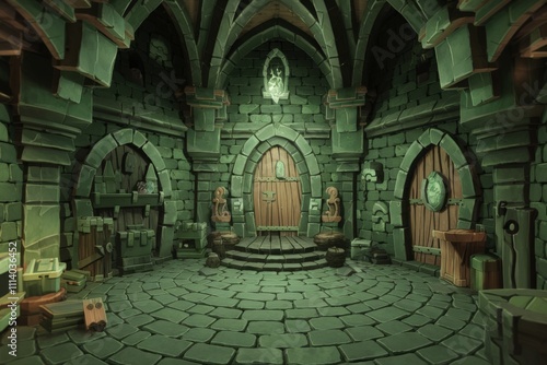 Interior of a medieval castle with green tones, game scene, fantasy and history concept.